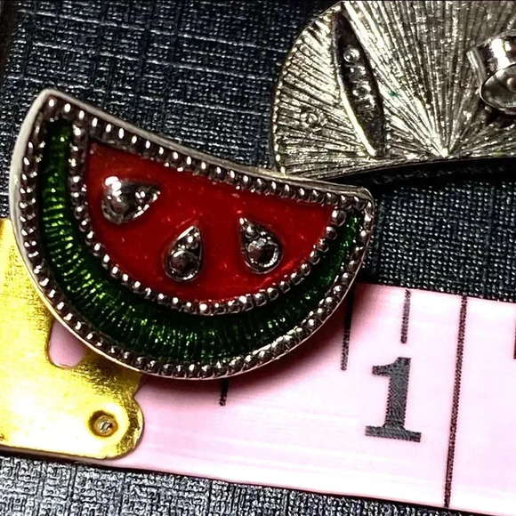 AVON Signed VINTAGE Watermelon Earrings Enamel Silver Tone Studs .75” - Picture 3 of 3